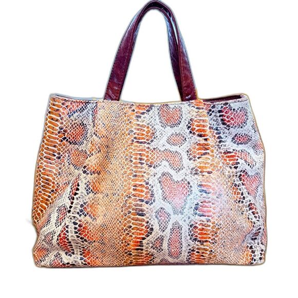 Y2K Pritzi Snakeskin Brown and Orange Lightweight Chic Work Handbag Tote Purse - Picture 3 of 6